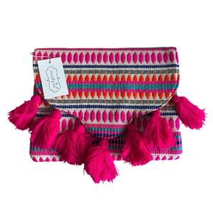 Mud Pie Woven Tassel Pink Clutch Purse NEW